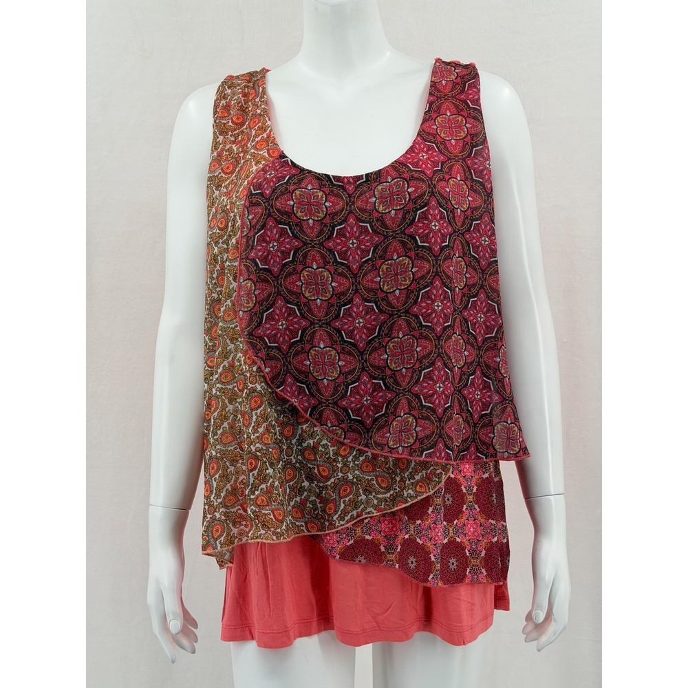 One World Top Womens 1X Pink Coral Crochet Boho Geometric Sleeveless Summer Tank